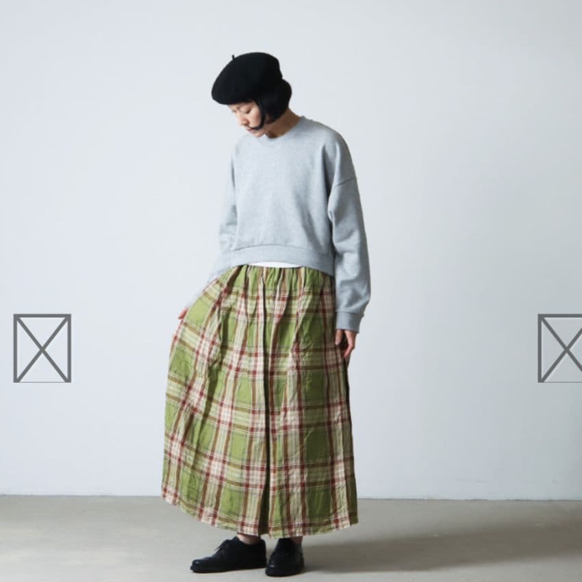 希少✨️イチアンティークス リネンタータンチェック ギャザースカート グリーン