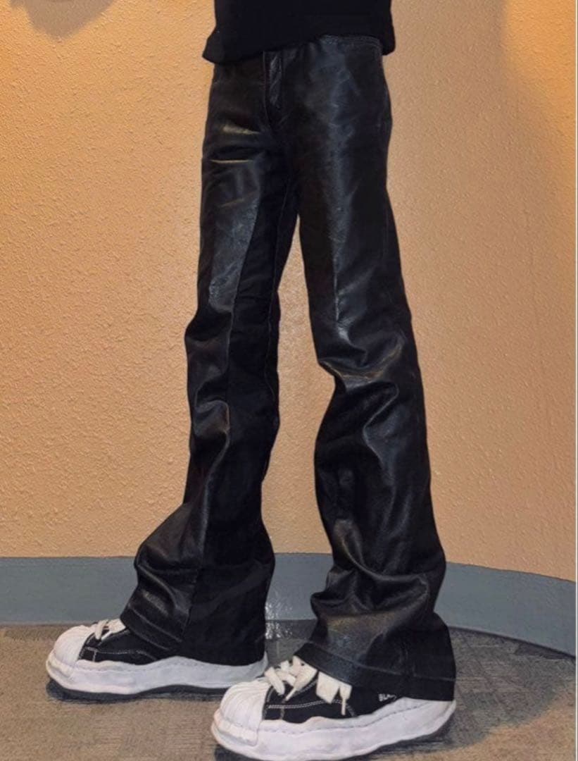 ラムレザーフレアパンツ 本革 レザーパンツベルボトム