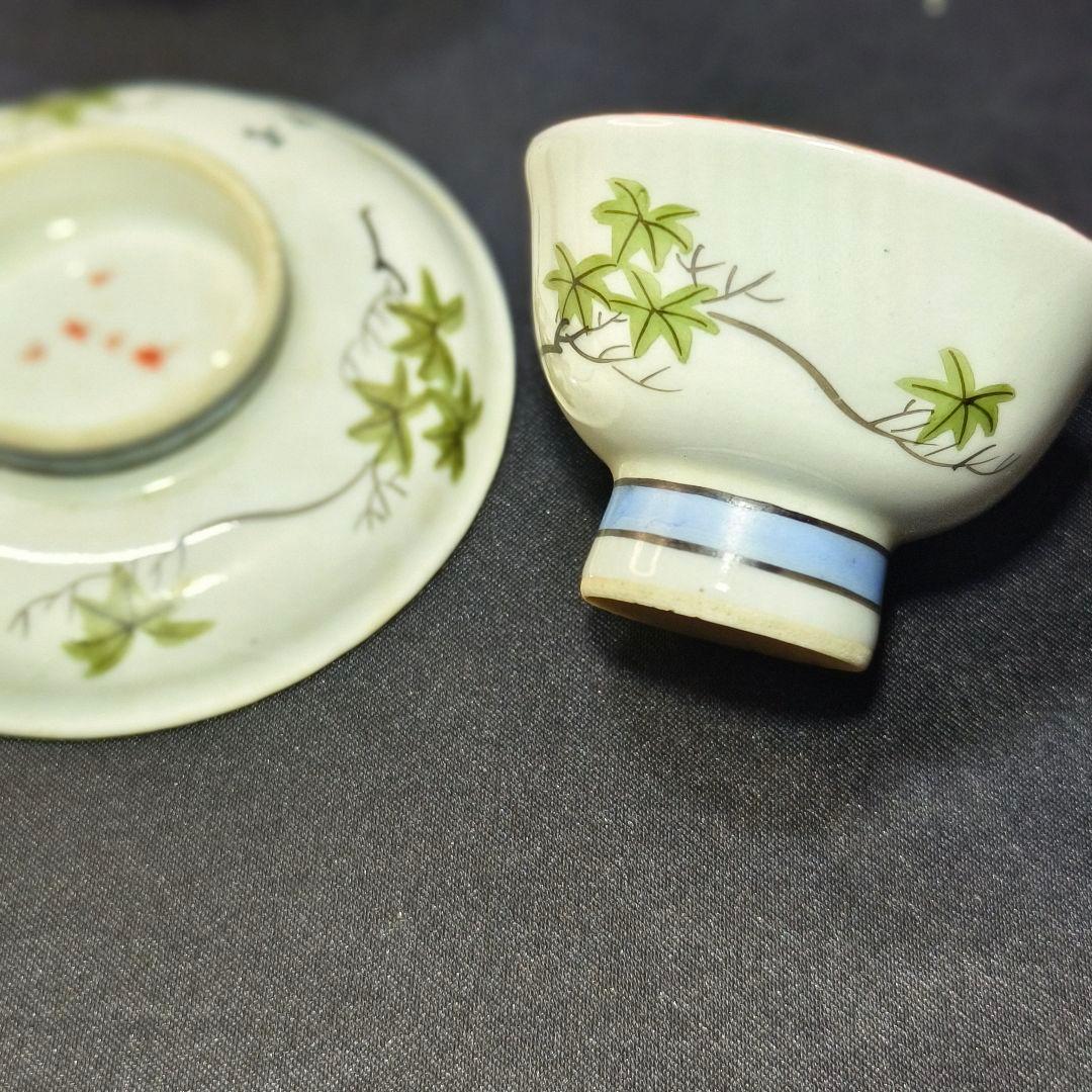 九谷焼 ソーサー付ぐい呑み 青粒花鳥図 明治骨董 友山造 手描き 古美術 煎茶器