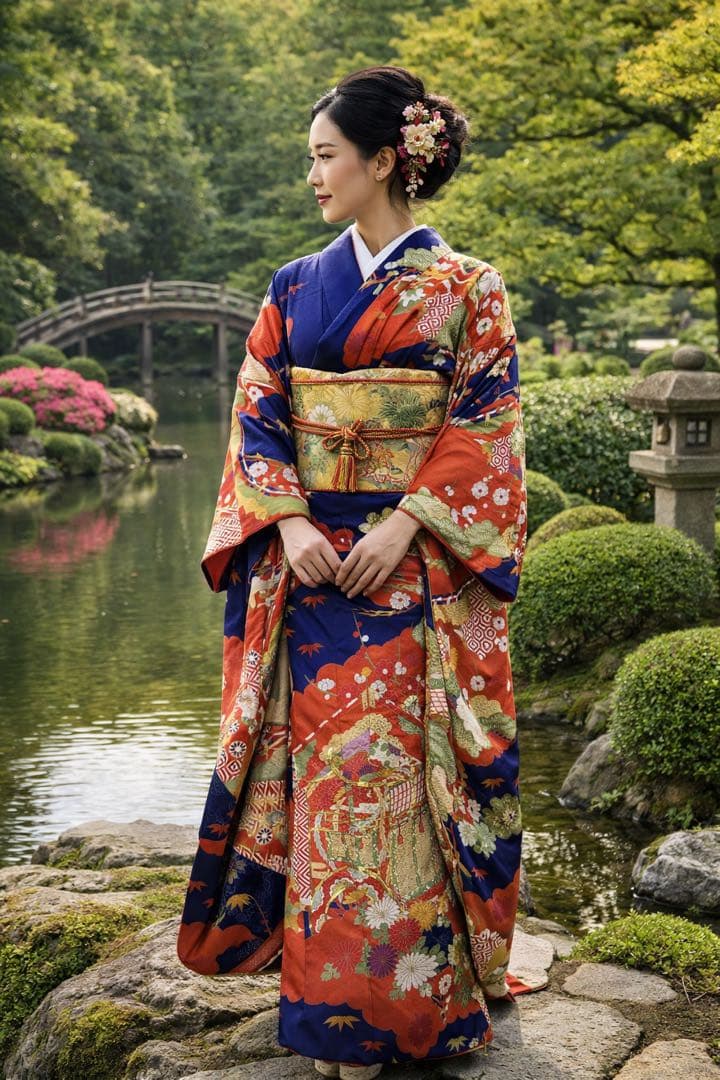 振袖 正絹 紺地 古典柄 金彩 豪華 成人式 前撮り