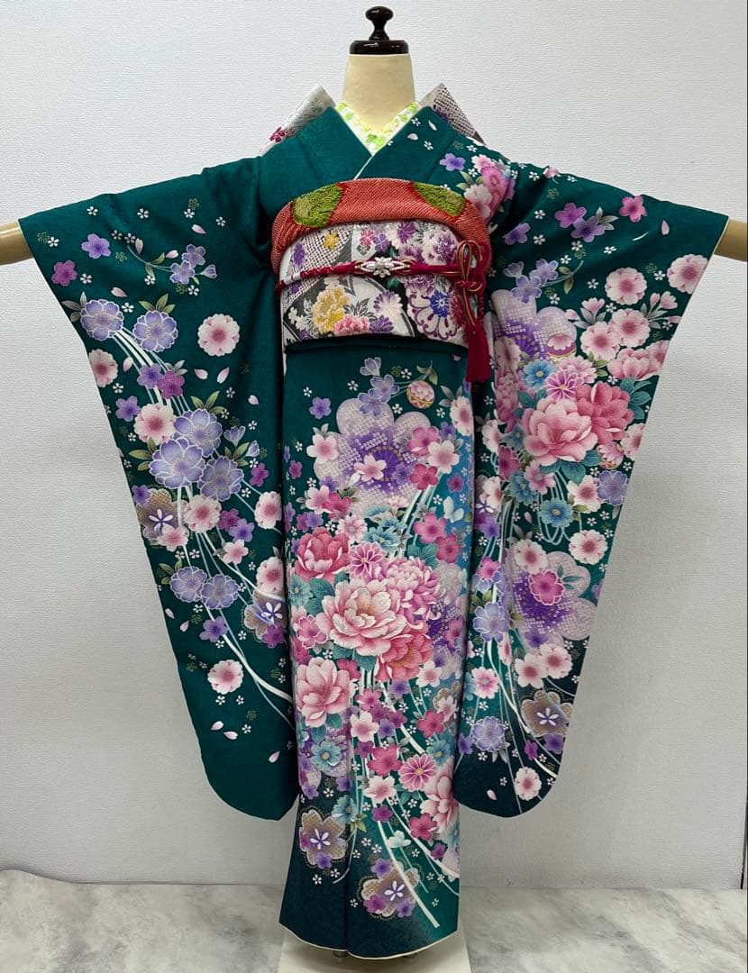 振り袖　フルセット　別誂長襦袢　成人式　エメラルド　金彩　刺繍　銀通し　766