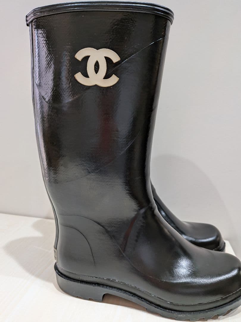 CHANEL　シャネルレインブーツ　ヴィンテージ　 長靴　黒ロングブーツ