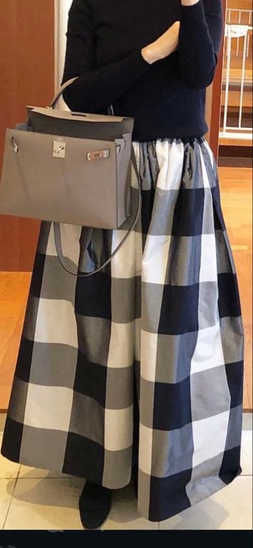 定価15万 Drawer シルク ギンガムチェック ギャザーロングスカート 紺