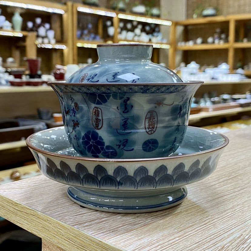 陶泥 青花陶磁蓋碗 愛蓮茶杯 壺承 茶碗 煎茶器 未使用品