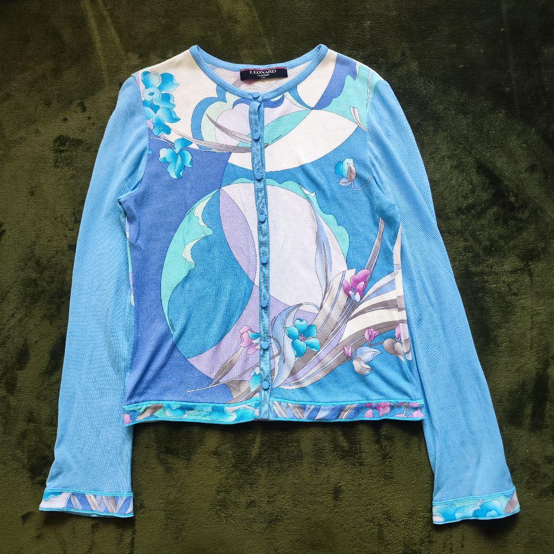 【美品】LEONARD レオナール 薄手長袖カーディガン ブルー系 Mサイズ