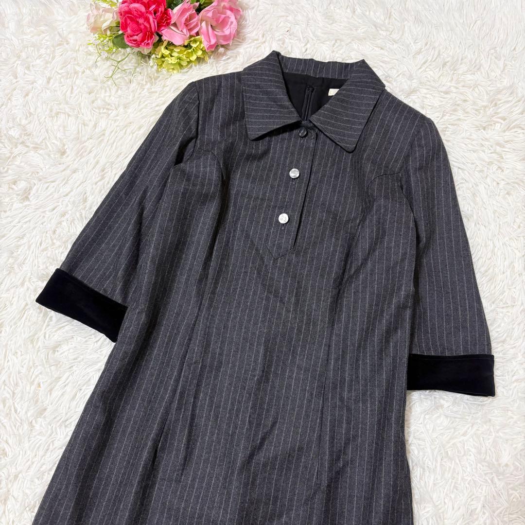 【美品】René ルネ　ウール　ストライプ　七分袖　襟付き　ワンピース　36