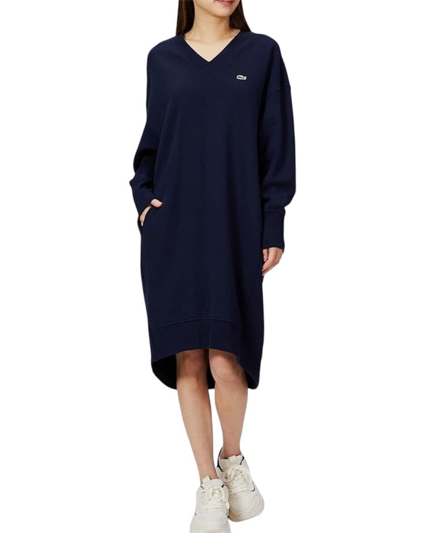 LACOSTE Vネックスウェットワンピース　ネイビー　36