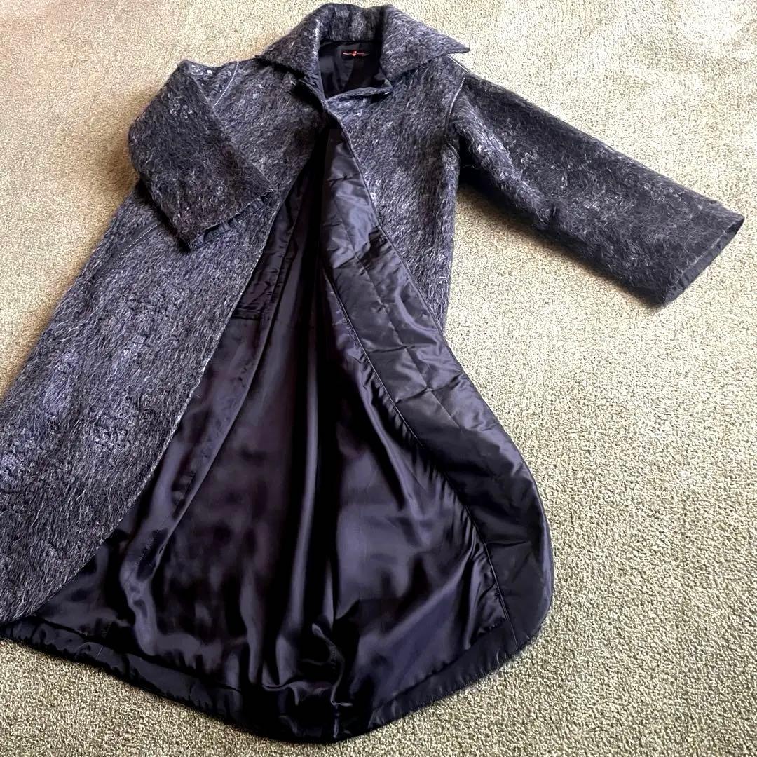 【良品】ヒロココシノ 比翼仕立てロングコート ブラックグレー花模様入り 9号