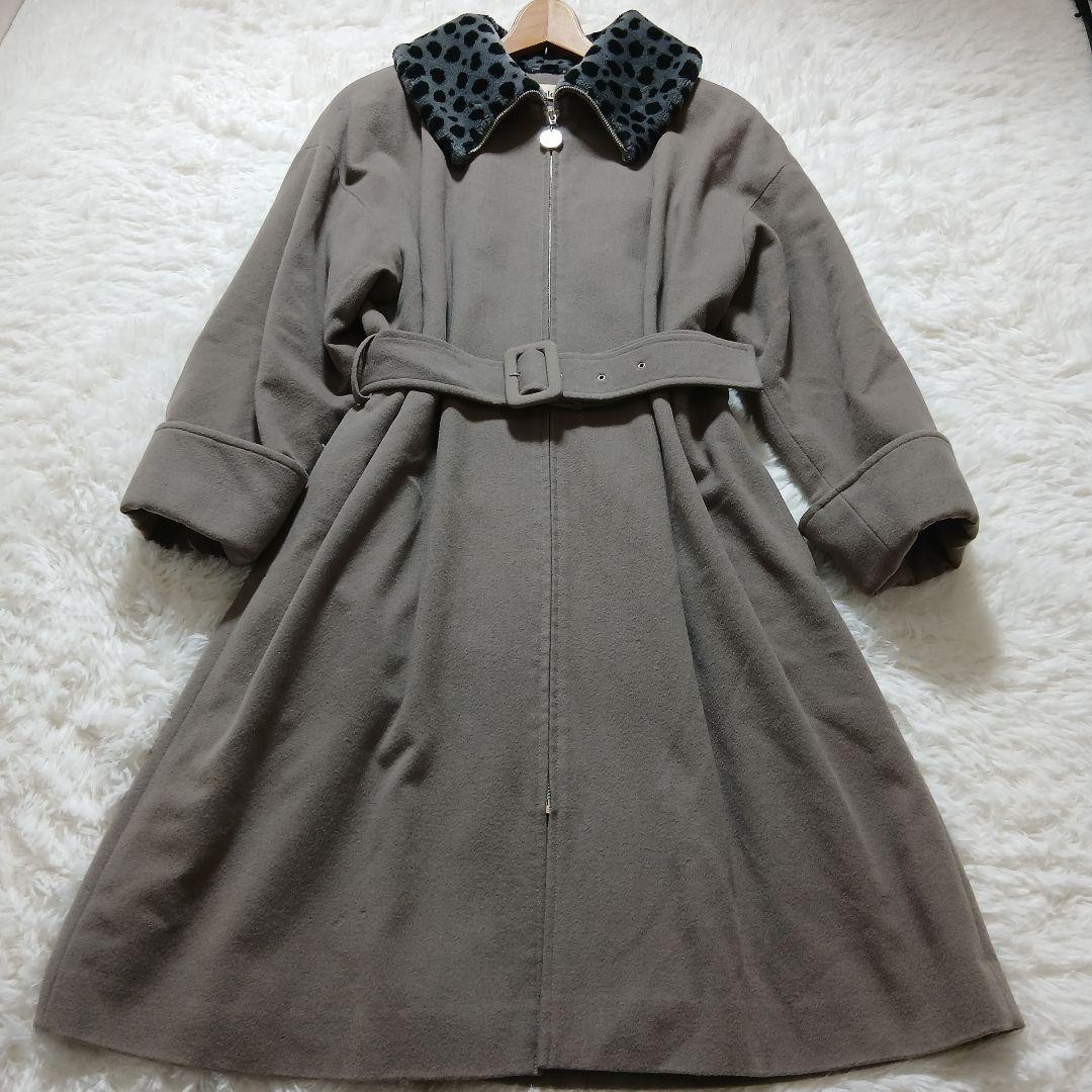 美品 ミスクロエ ヒョウ柄 ベルト付 Aライン ウールコート グレージュLサイズ