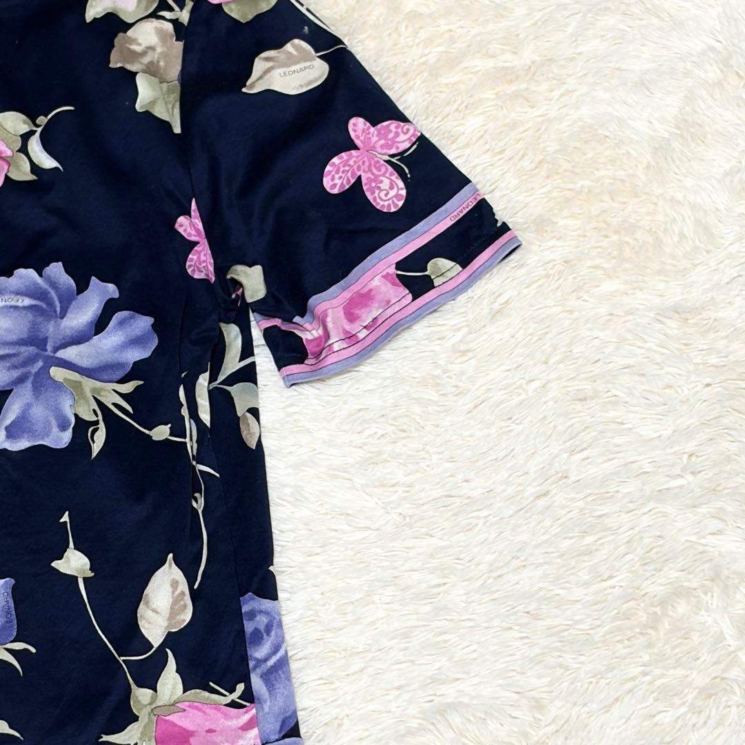 美品✨レオナール　トップス　半袖　花柄　ボタニカル　トリム　ピンク　ネイビー　M