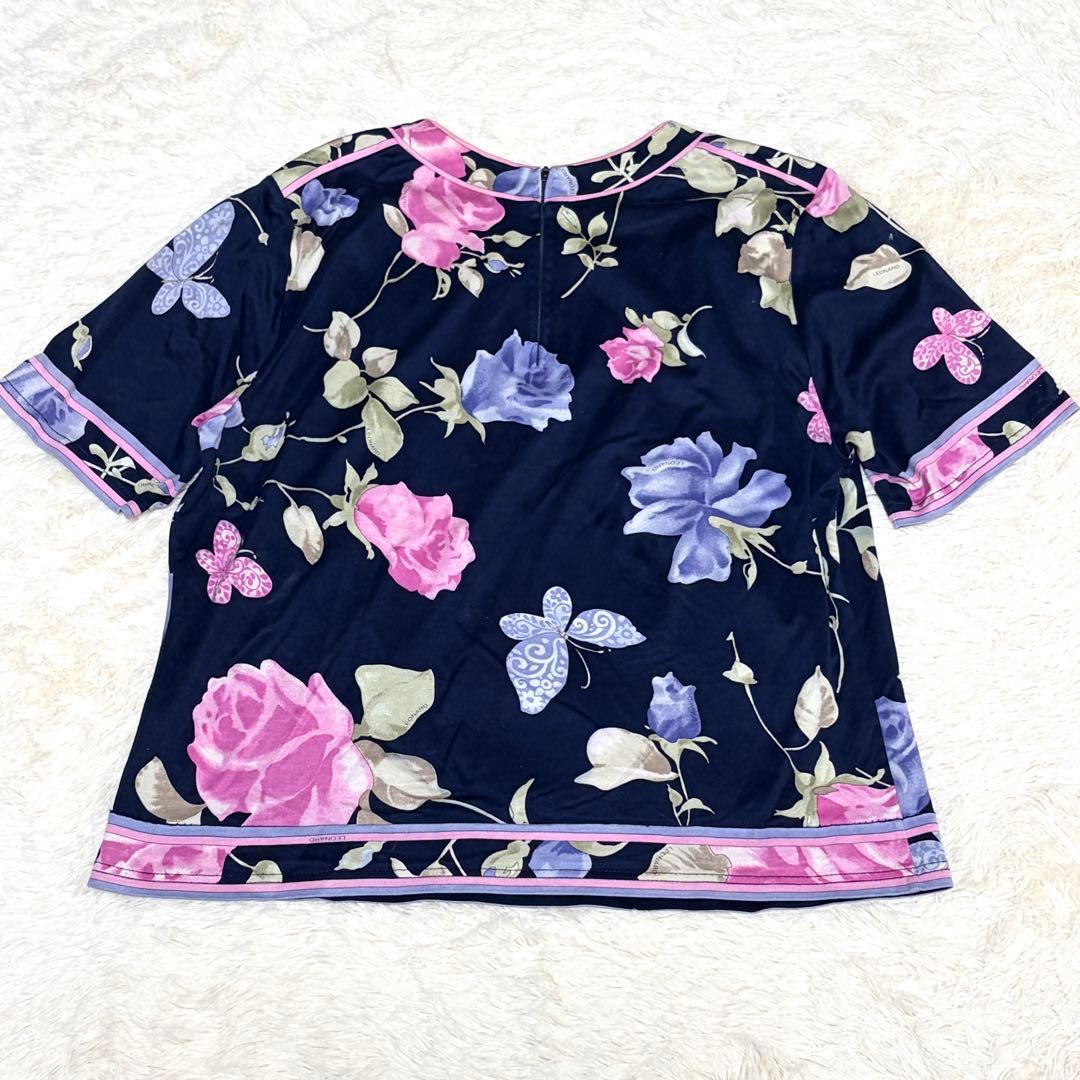 美品✨レオナール　トップス　半袖　花柄　ボタニカル　トリム　ピンク　ネイビー　M