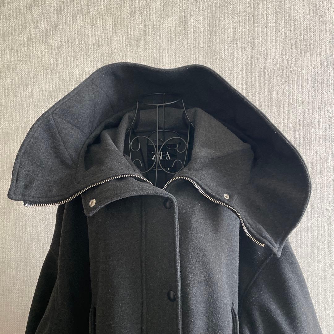 ZARA フード付コート　チャコールグレー