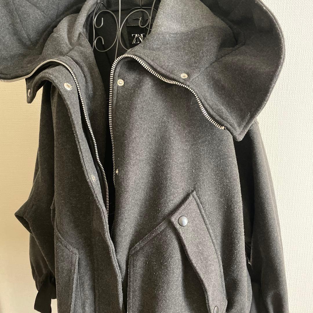 ZARA フード付コート　チャコールグレー