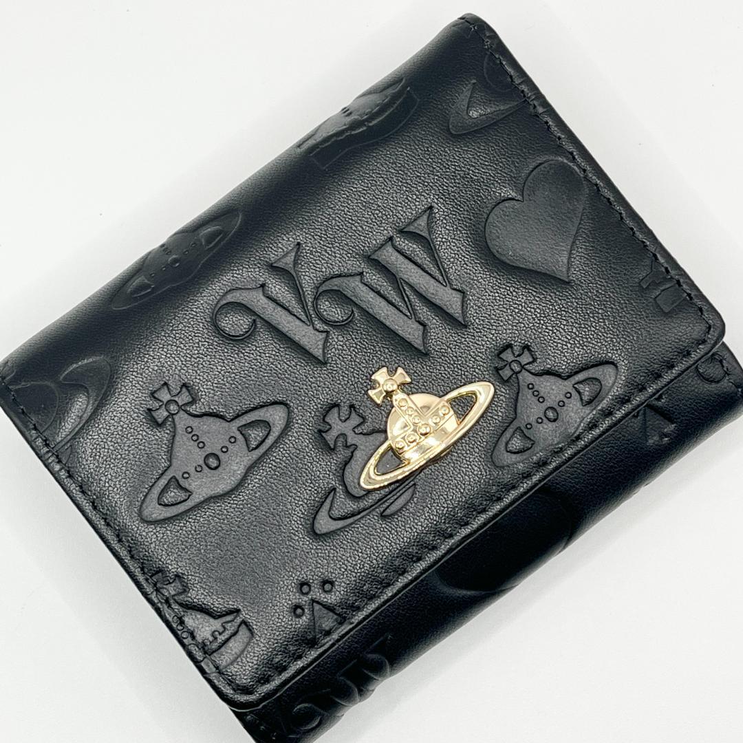 Vivienne Westwood 折財布 定番 型押しマット 折財布 黒 金