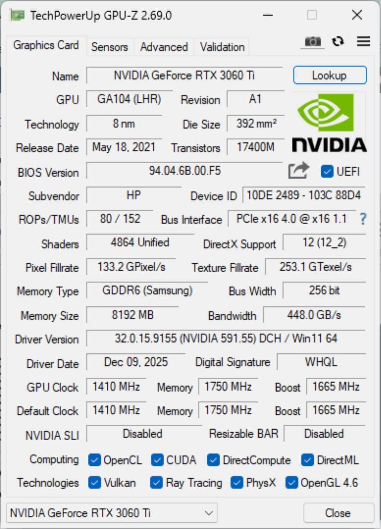 【動作良好】GEFORCE RTX 3060ti 8GB 中古