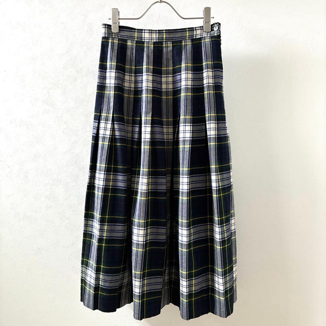 LANDS'END ロングプリーツスカート チェック柄 ウール100% 裏地付き