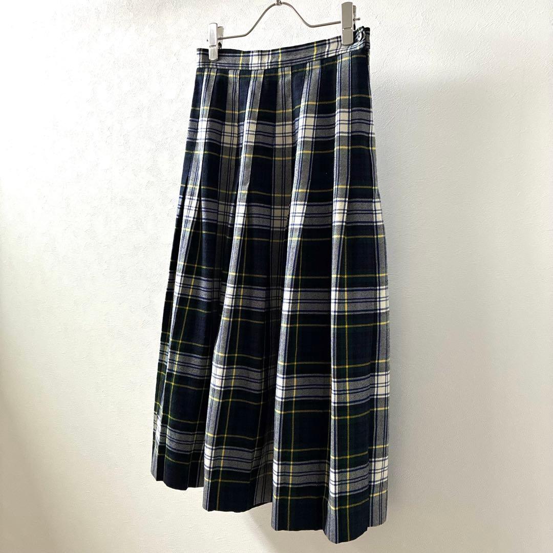 LANDS'END ロングプリーツスカート チェック柄 ウール100% 裏地付き