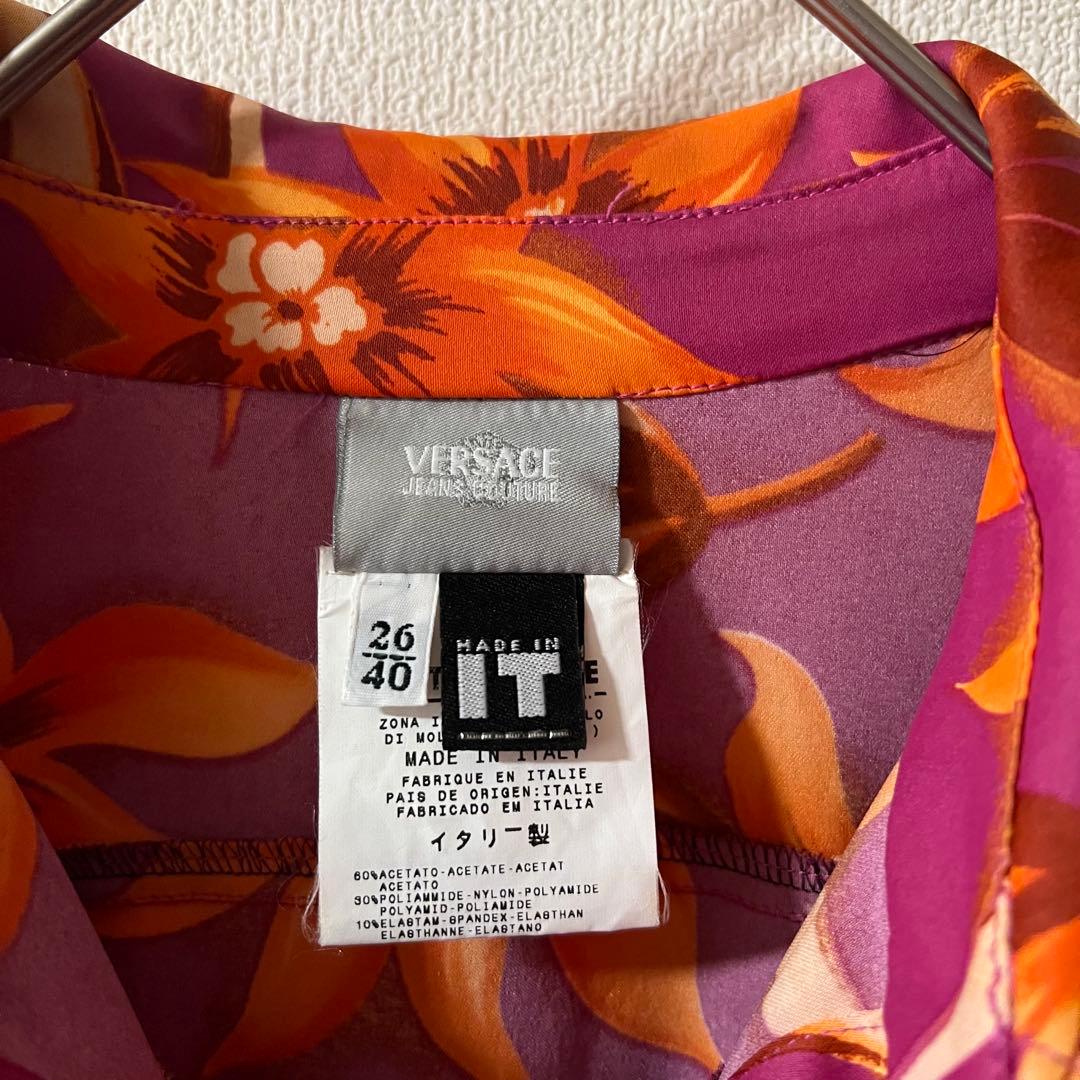 ヴェルサーチ 花柄 シャツワンピース レッド系 40 L相当 メデューサボタン