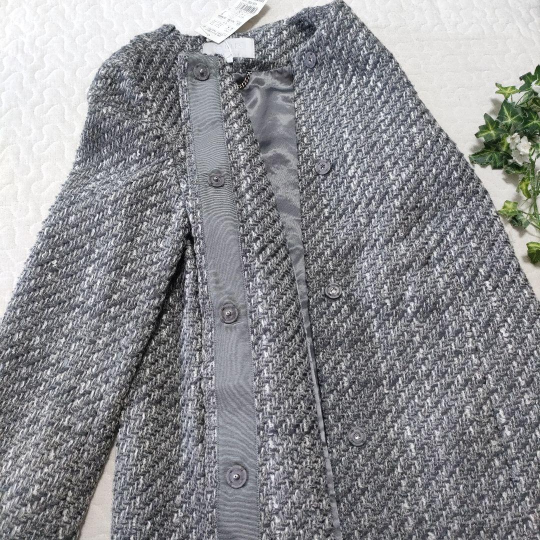未使用品✨自由区　ブルーフォックスファー付きノーカラーツイードコート　グレー38