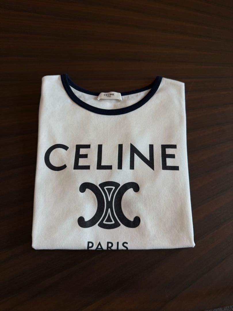 CELINE ロゴ Tシャツ XS ホワイト/ネイビー