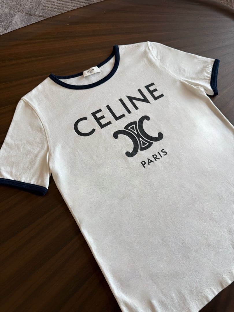 CELINE ロゴ Tシャツ XS ホワイト/ネイビー