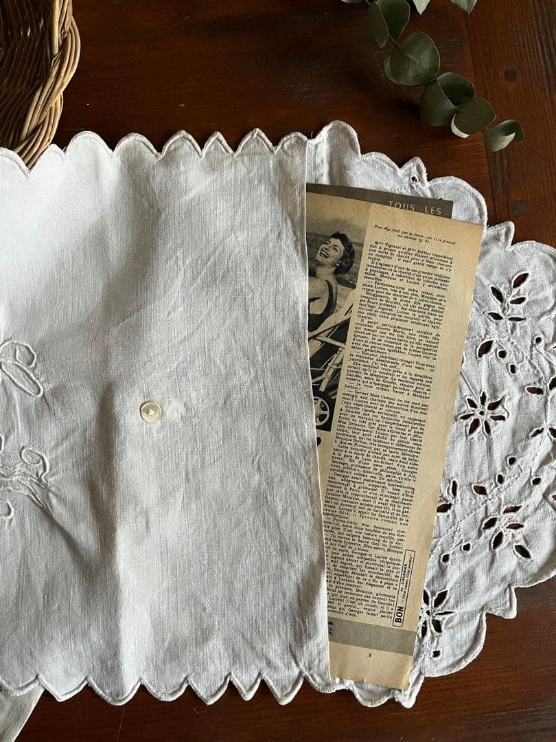 ◆フランスアンティーク｜大きな布ポーチAイニシャル刺繍リネン麻手作り花ボタニカル