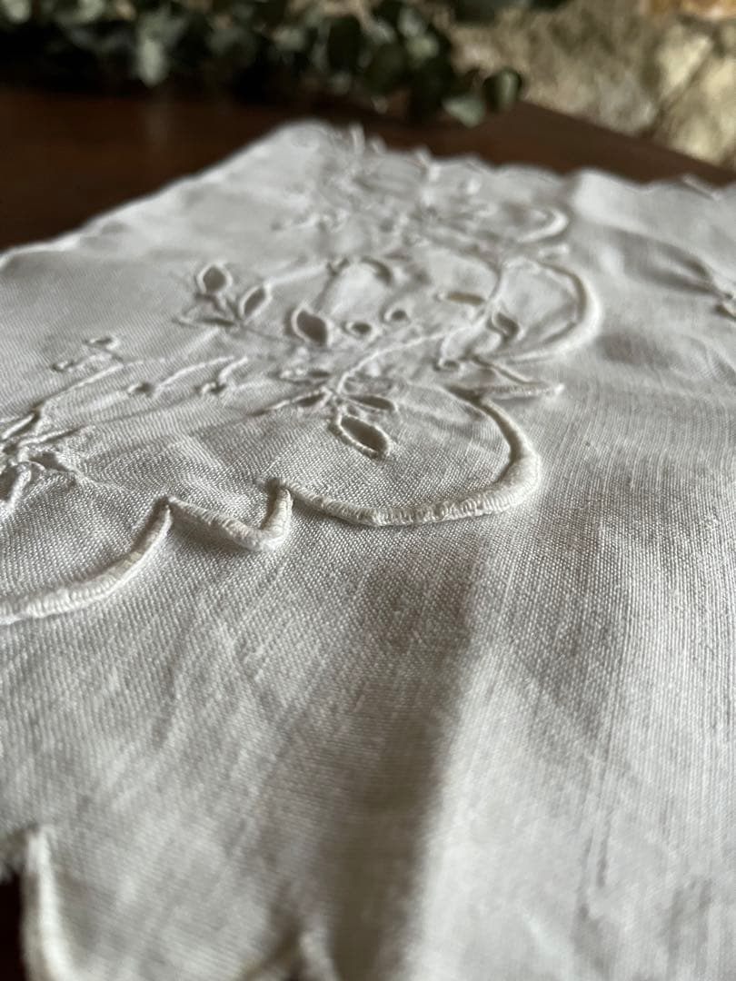◆フランスアンティーク｜大きな布ポーチAイニシャル刺繍リネン麻手作り花ボタニカル