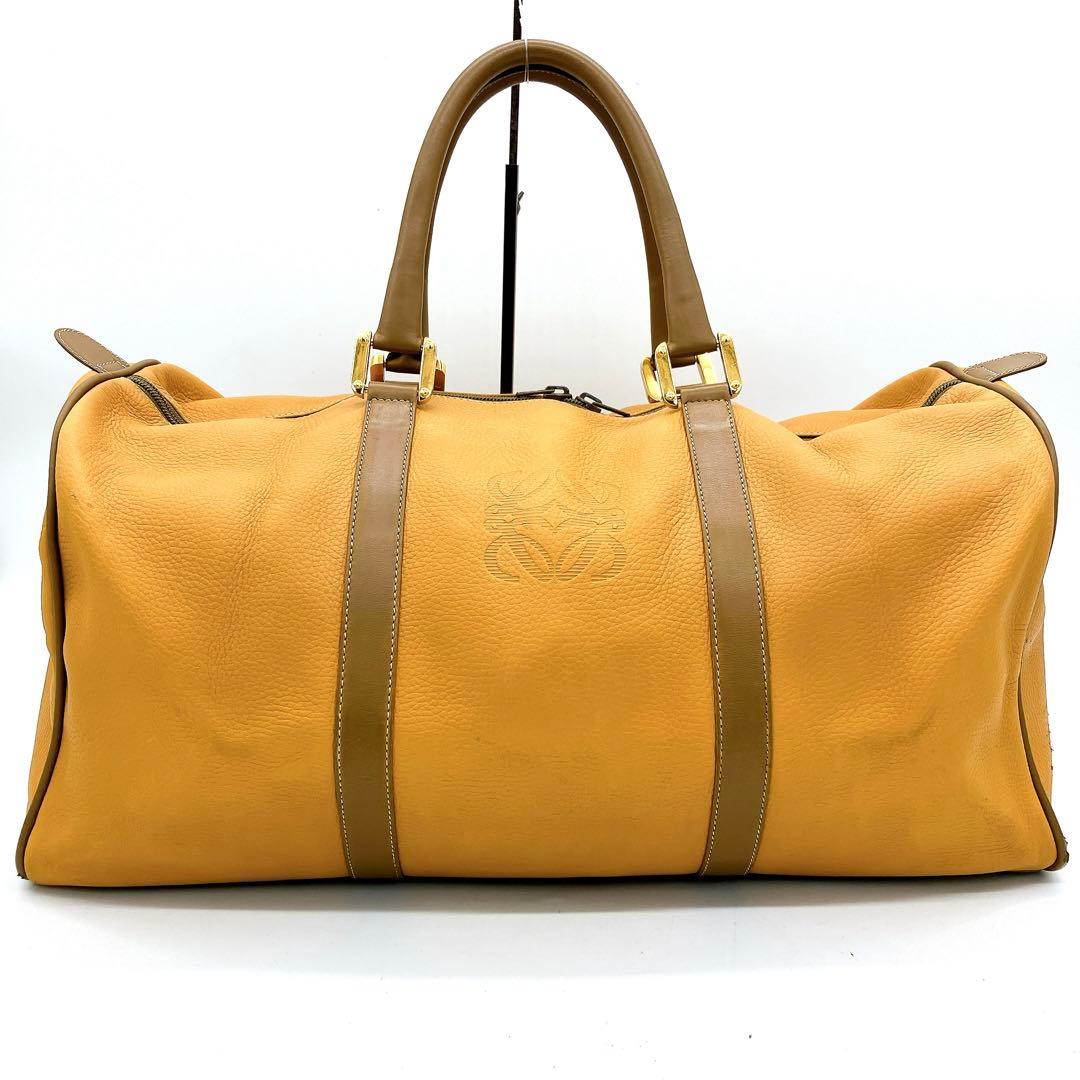 【LOEWE】ボストンバッグ　アナグラム型押し　オレンジ　レザー　ゴールド金具.