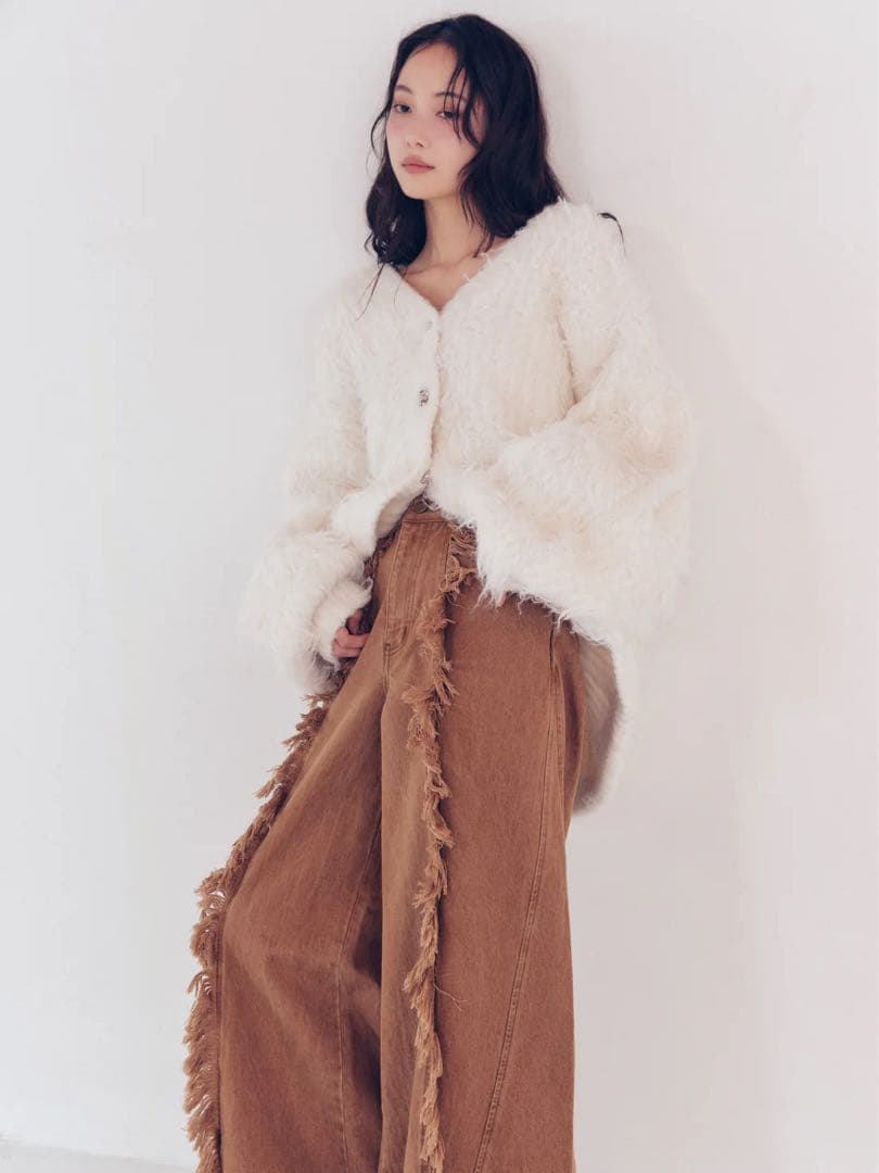 【andequal新品】wide fringe denim pants