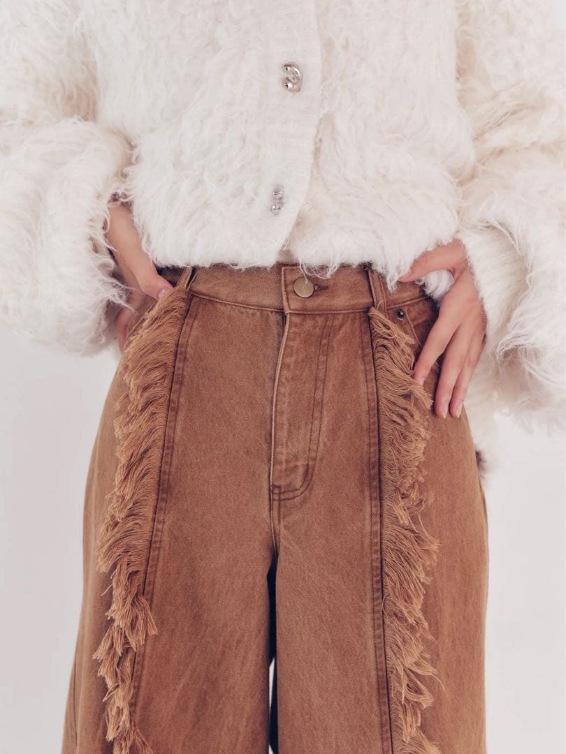 【andequal新品】wide fringe denim pants