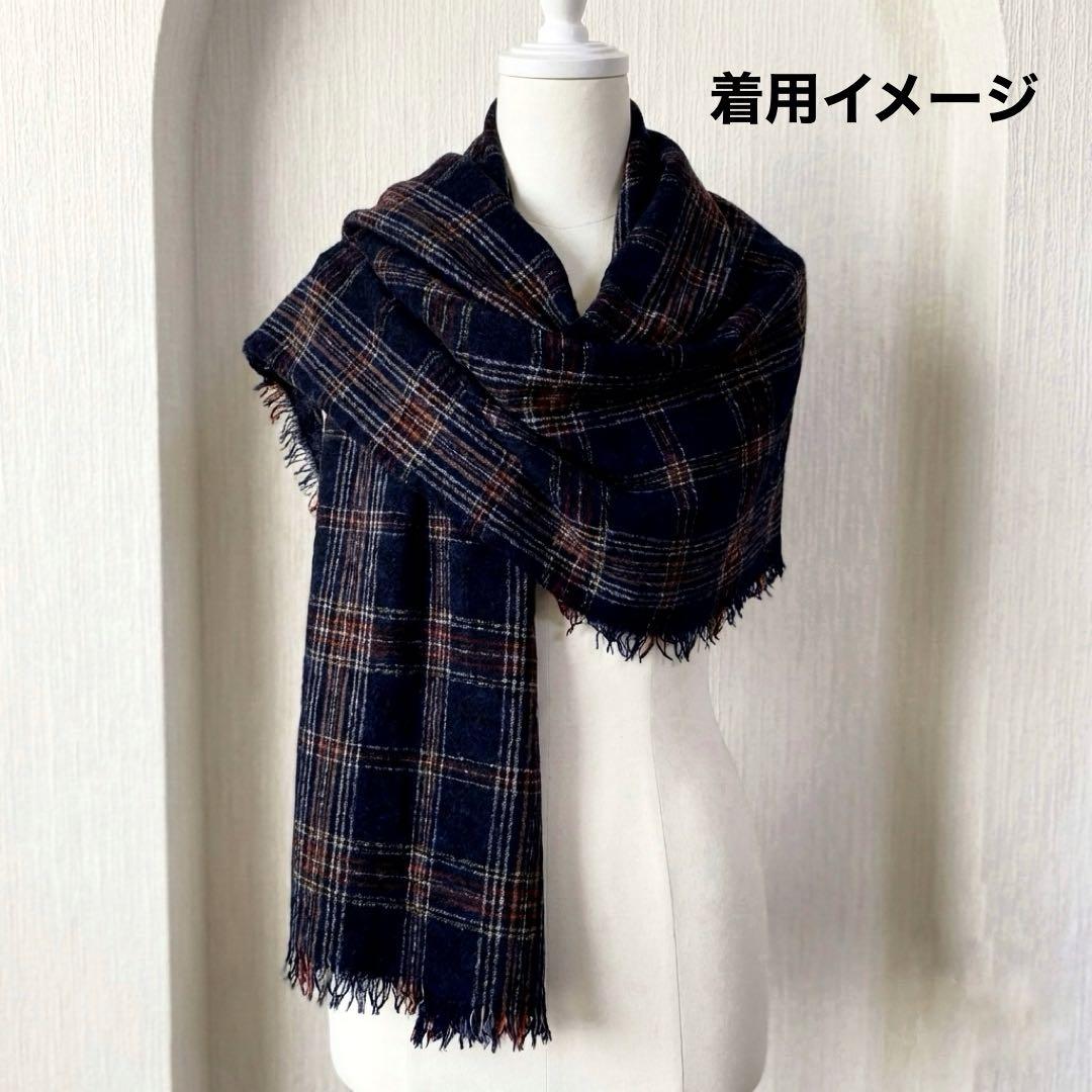 ファリエロサルティ ストール 大判 チェック ウール シルク ネイビー 上品