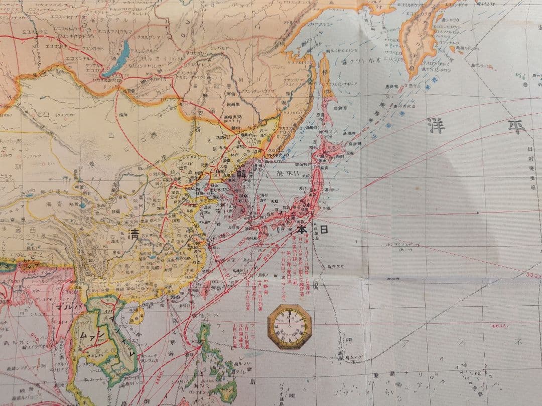 古地図　戦前　「大阪毎日新聞社 世界交通全図」明治42年　資料　レトロ