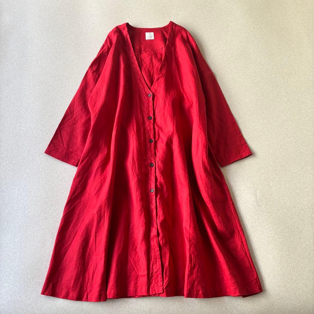 【美品】ina イナ　リネン100％ Ｖネックドロップッショルダーコート 日本製