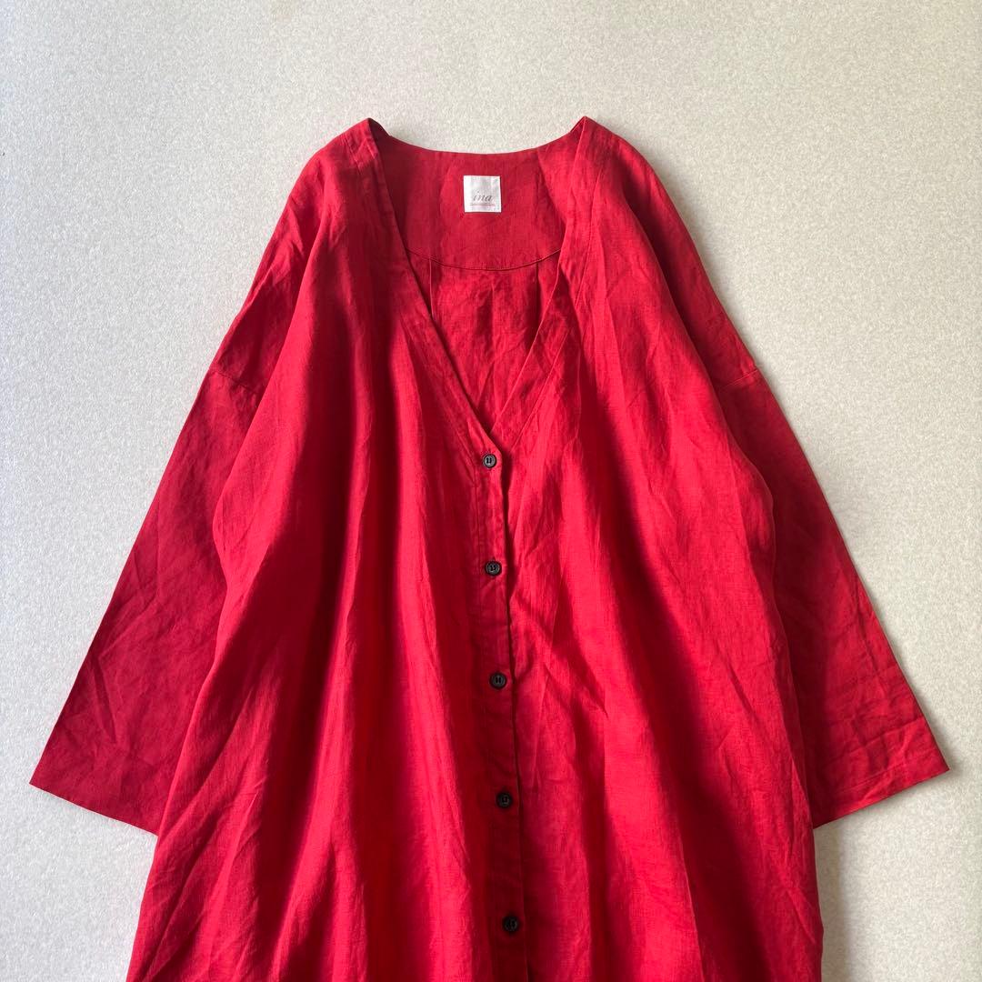【美品】ina イナ　リネン100％ Ｖネックドロップッショルダーコート 日本製