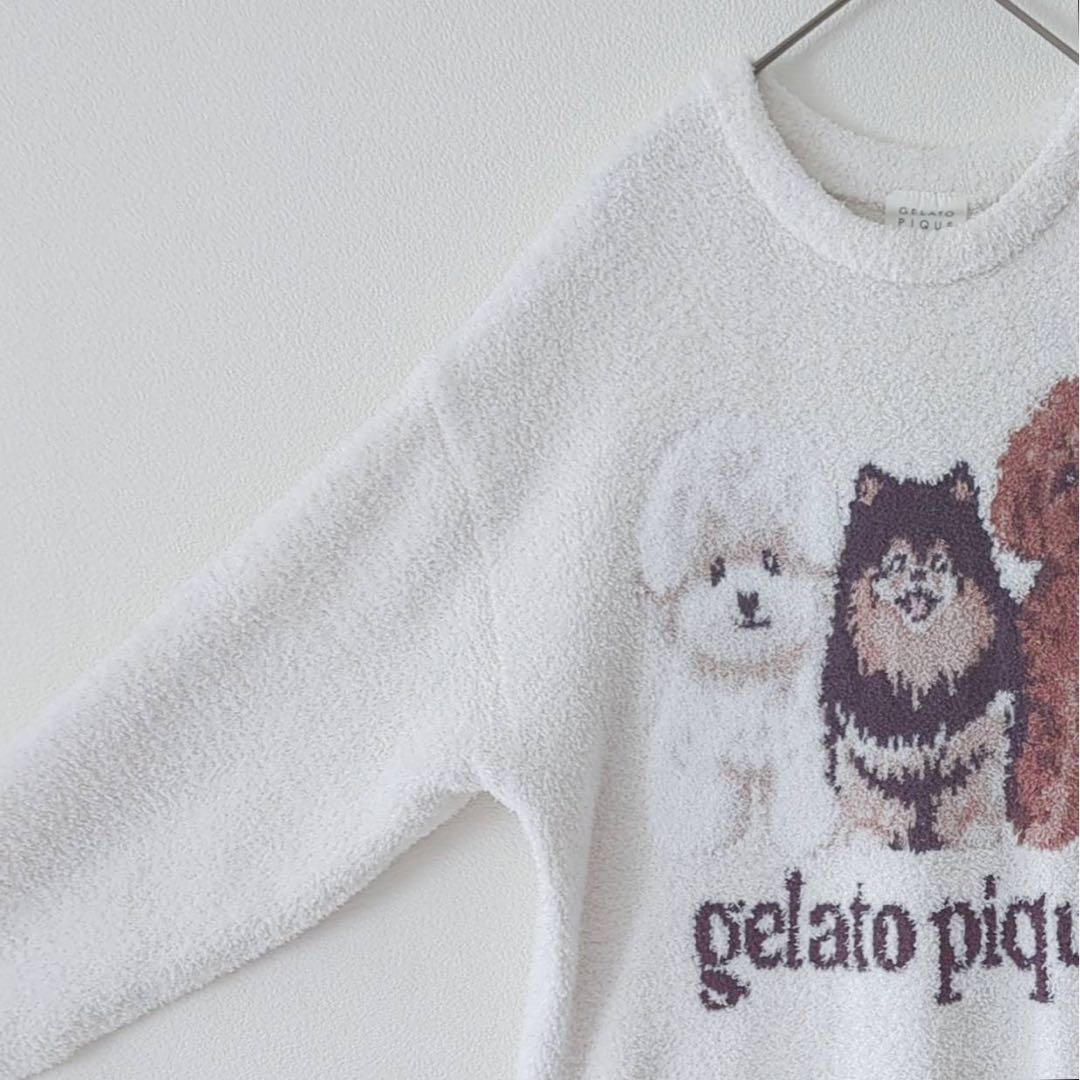 ジェラートピケ　ワンピース　犬刺繍　 ルームウェア　ホワイト　ONE