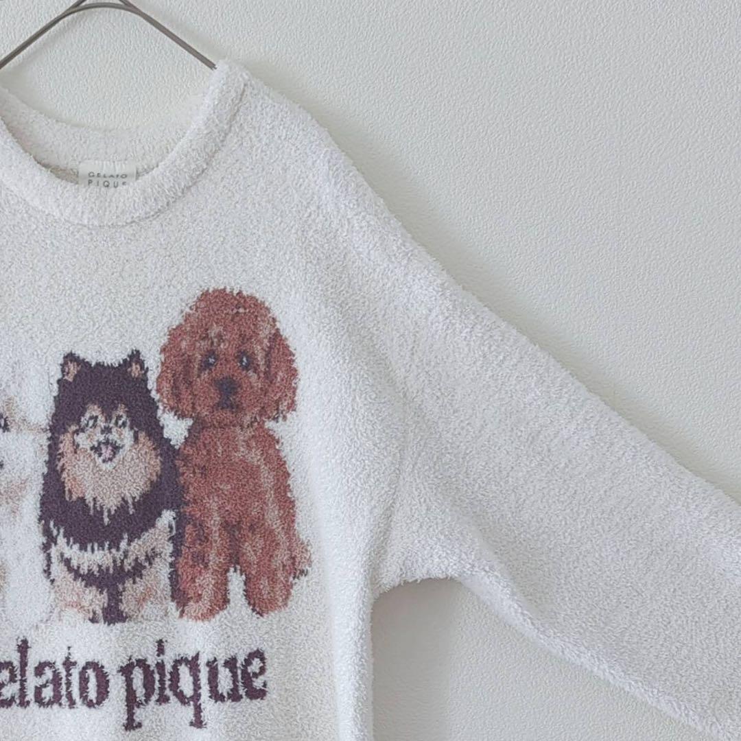 ジェラートピケ　ワンピース　犬刺繍　 ルームウェア　ホワイト　ONE