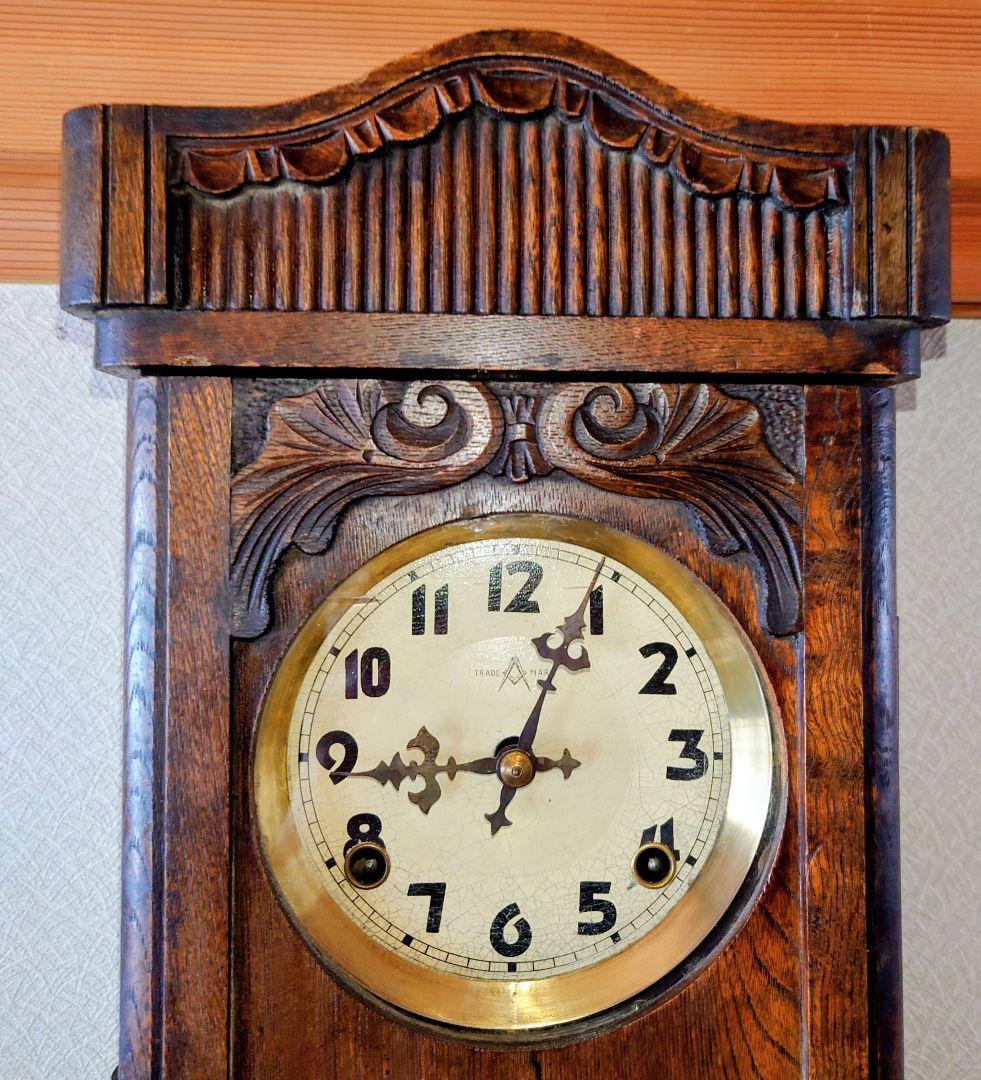 〈完動・美品〉COMPASS時計社　大正浪漫　木彫り装飾宮型ゼンマイ振り子時計