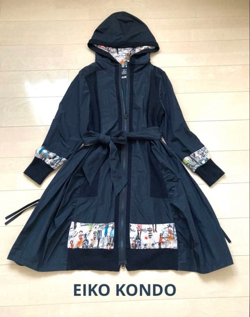 エイココンドウ フード ナイロン　ロングコート Aライン 異素材 42 黒