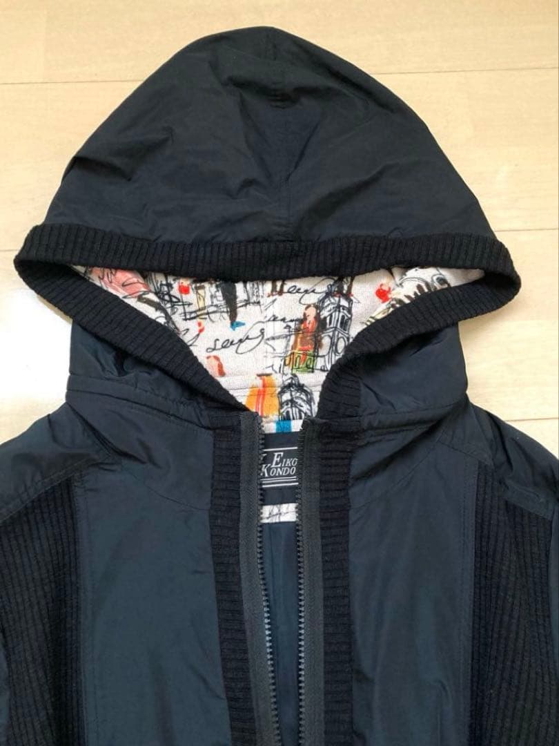 エイココンドウ フード ナイロン　ロングコート Aライン 異素材 42 黒