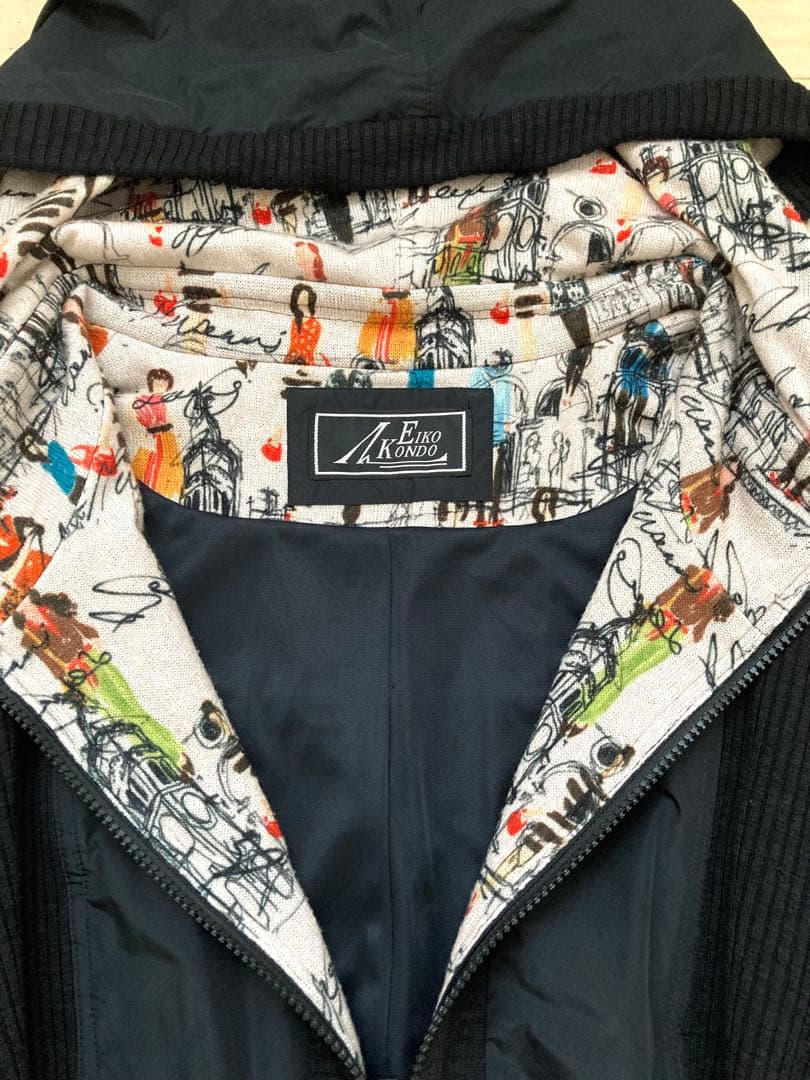 エイココンドウ フード ナイロン　ロングコート Aライン 異素材 42 黒