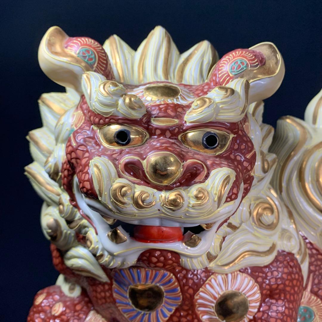 K767⭐︎九谷焼 迫力の特大サイズ 金蘭手 玉乗り獅子 高さ36センチ 魔除け