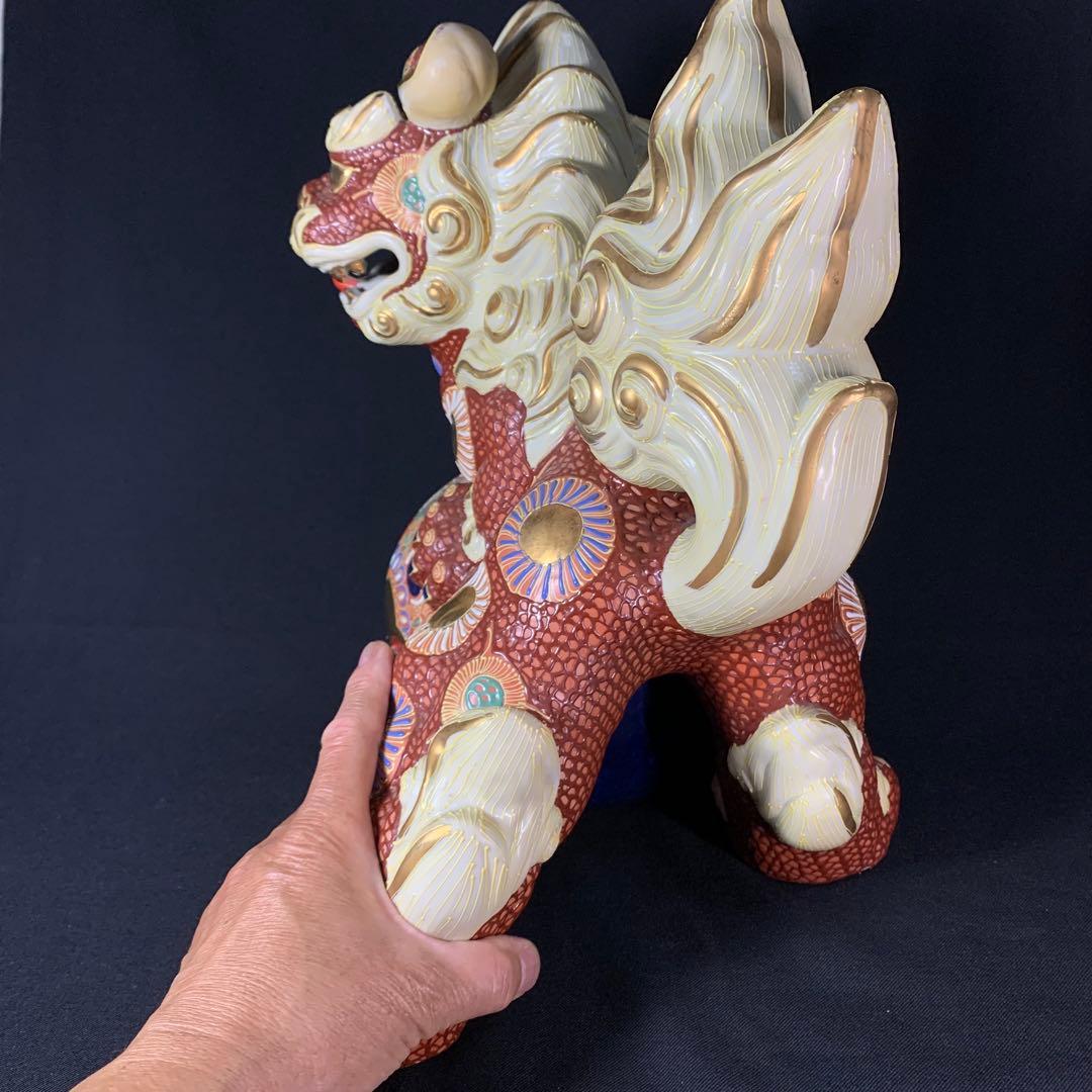 K767⭐︎九谷焼 迫力の特大サイズ 金蘭手 玉乗り獅子 高さ36センチ 魔除け
