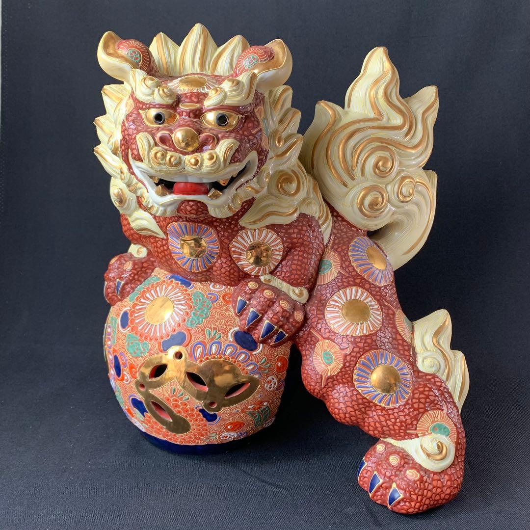 K767⭐︎九谷焼 迫力の特大サイズ 金蘭手 玉乗り獅子 高さ36センチ 魔除け