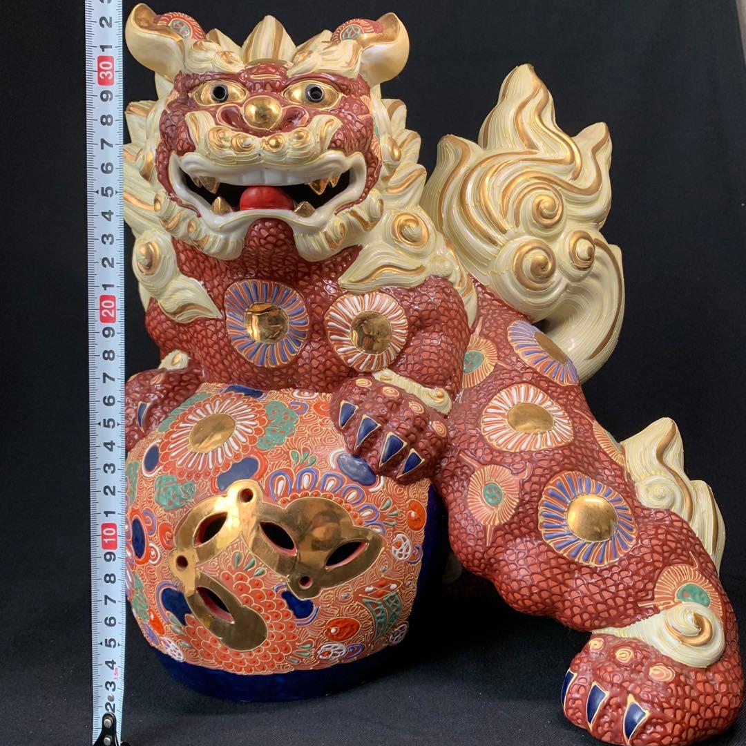 K767⭐︎九谷焼 迫力の特大サイズ 金蘭手 玉乗り獅子 高さ36センチ 魔除け