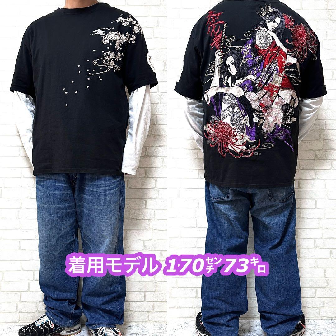 抜刀娘 全刺繍 和柄 刀 入れ墨 菊 家紋 Tシャツ XXL