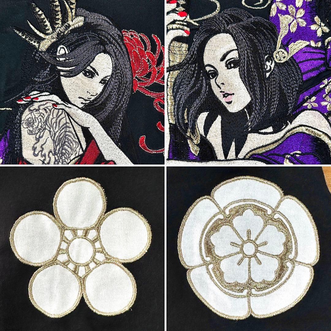 抜刀娘 全刺繍 和柄 刀 入れ墨 菊 家紋 Tシャツ XXL