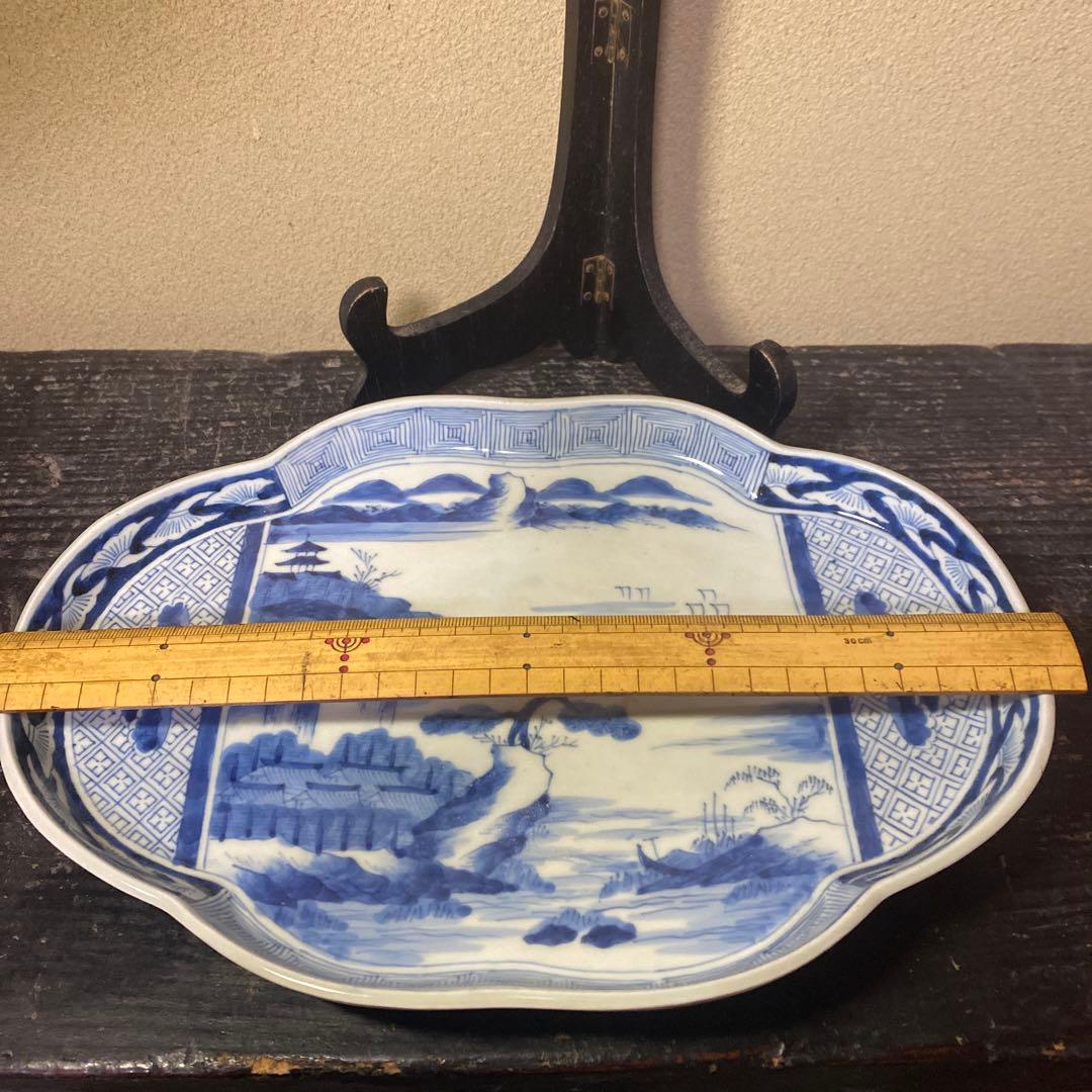 古伊万里風景画の陶磁器皿【皿立て付き】