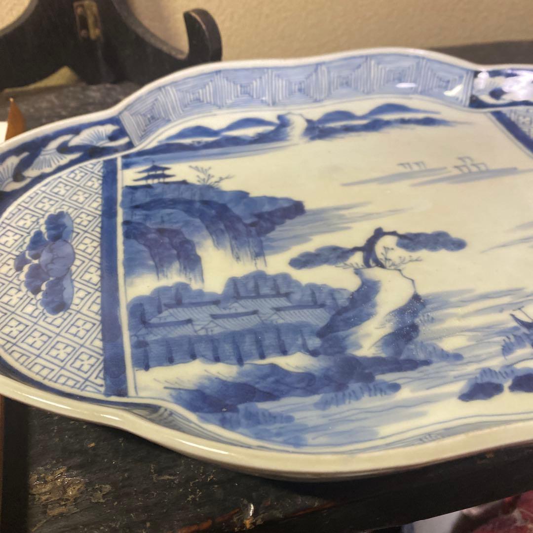 古伊万里風景画の陶磁器皿【皿立て付き】