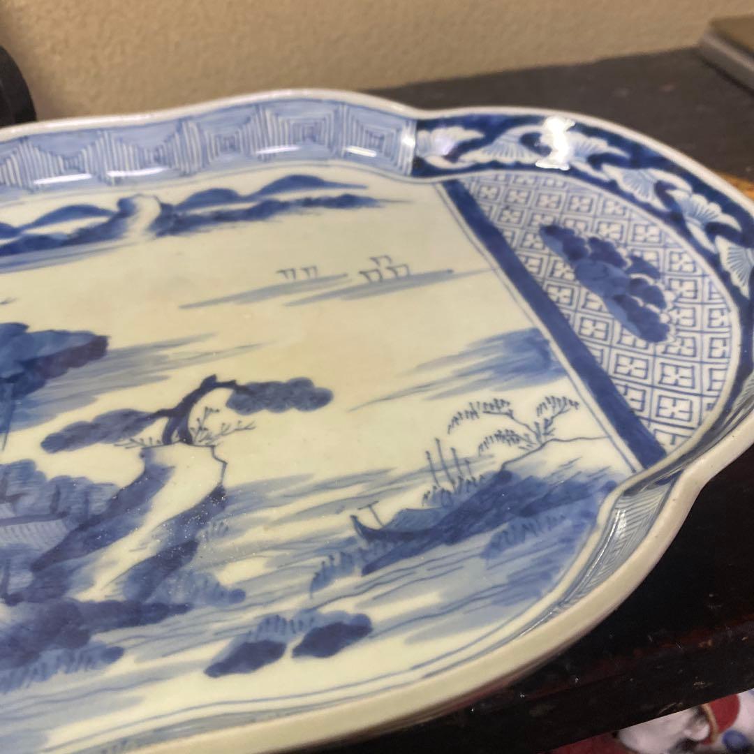 古伊万里風景画の陶磁器皿【皿立て付き】