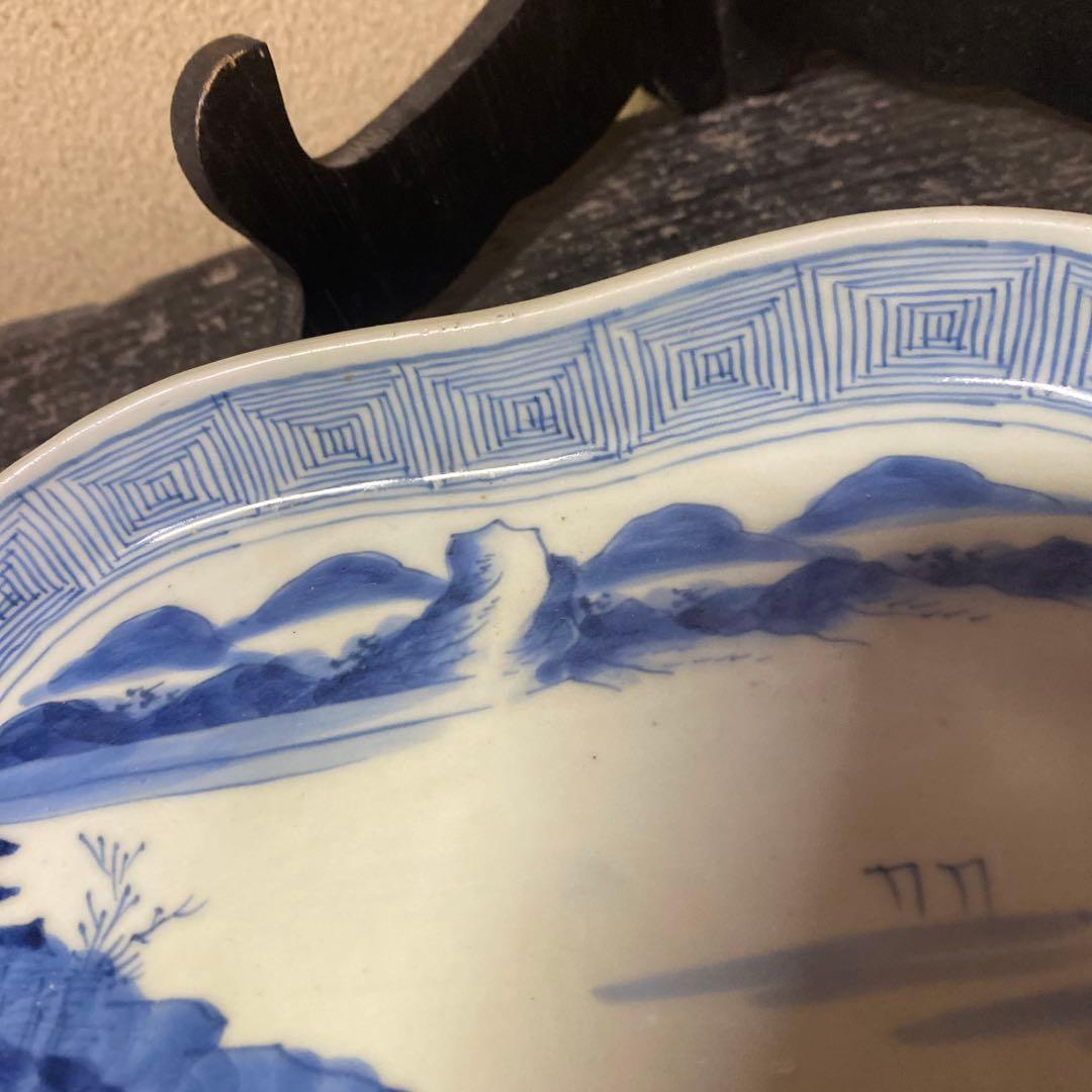 古伊万里風景画の陶磁器皿【皿立て付き】